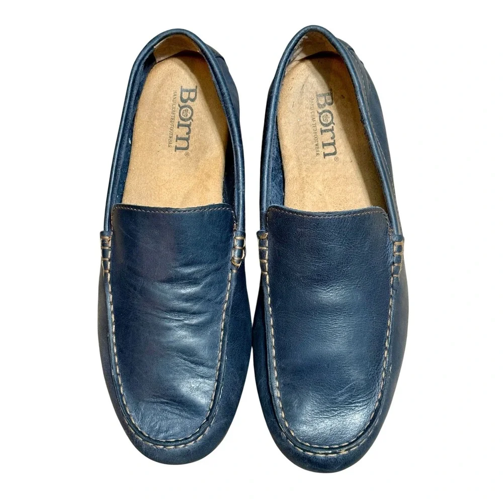 Born Mens Size 10 Navy Blue Soft Leather Driving Loafers Moc Toe Slip On Shoes
